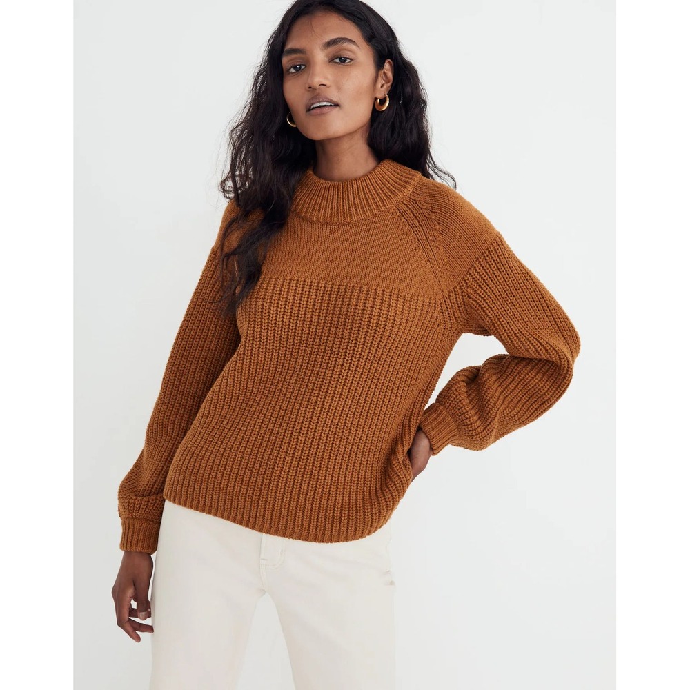Madewell Ballon Sleeve Mock Neck Knit Sweater Mustard Yellow Brown Womens Size L